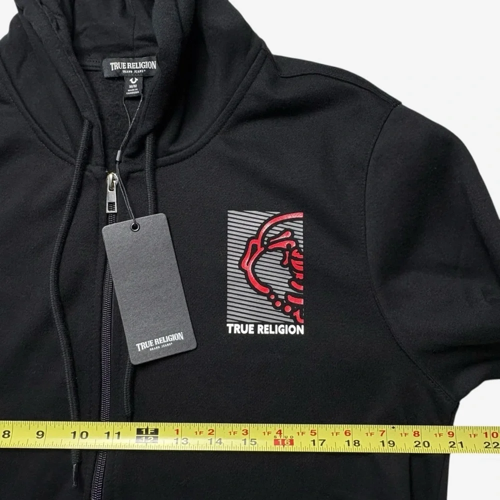 NWT True Religion Full Zip Buddha Hoodie Size M Logo Jet Black MSRP $119